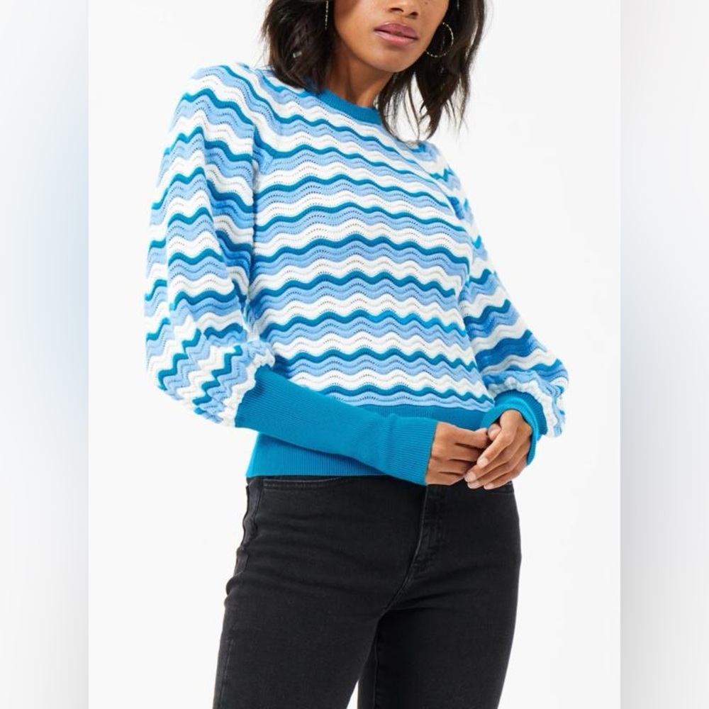 French Connection Sweater Wavy Stripe Callie Crewneck Blue and White Cotton